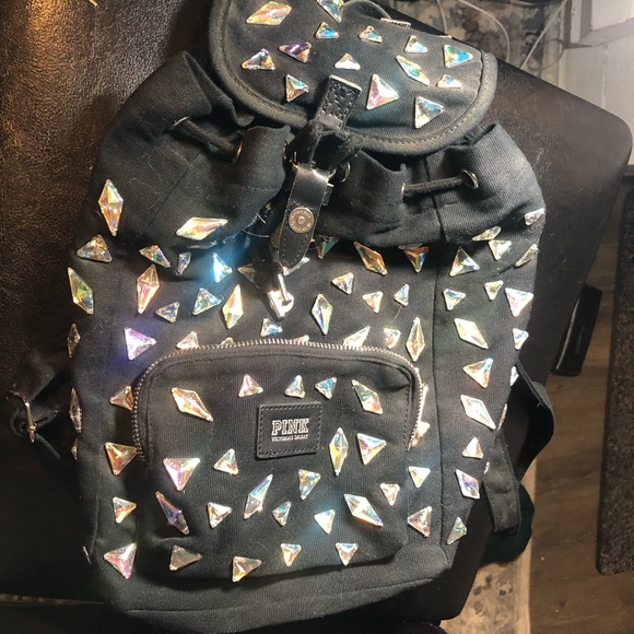 victory secret pink Women’s Black Mini Backpack with Large Gem Stones - Picture 5 of 16